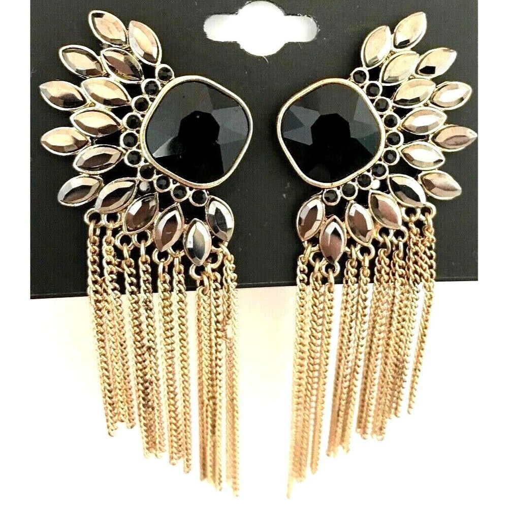 Catherine Malandrino Earrings Gold Tone Black Hematite Crystal Dangles - 1S
